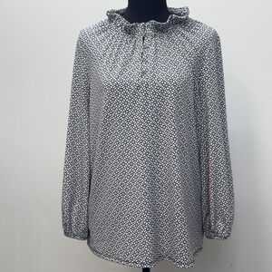 Adrianna‎ Papell Black White Geometric Ruffle Neck Long Sleeve Blouse L